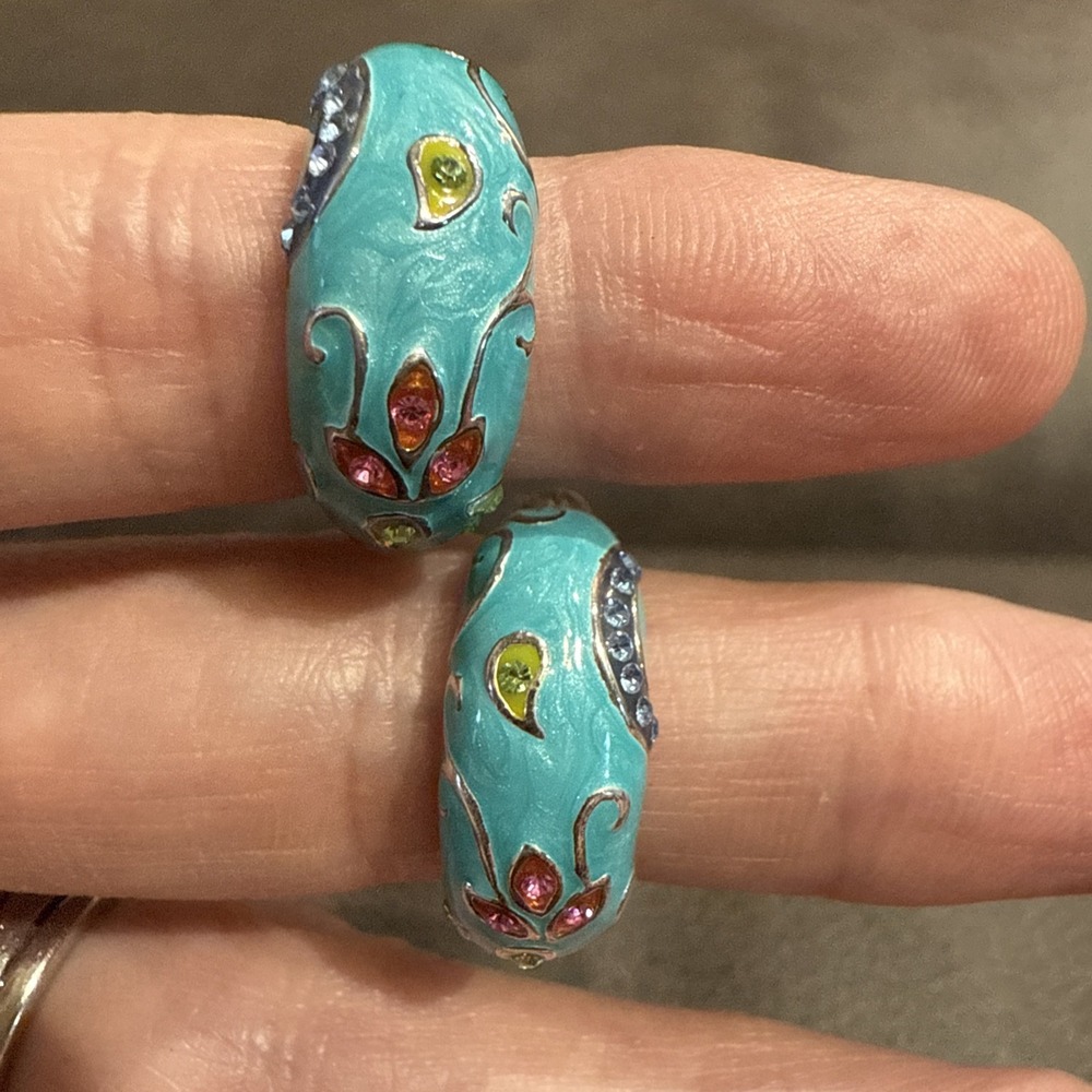 David Sigal Enamel And Rhinestone Earrings‎ Beautiful Half-Moon Jewel Tone